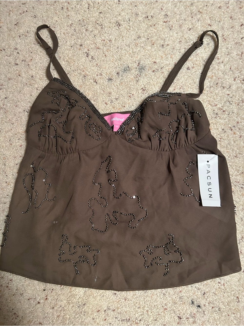 Brown Edikted Beaded Spaghetti Strap Tank Top NWT